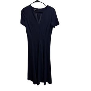 Lafayette 148 Women's Navy Midi Dress with Leather Accent